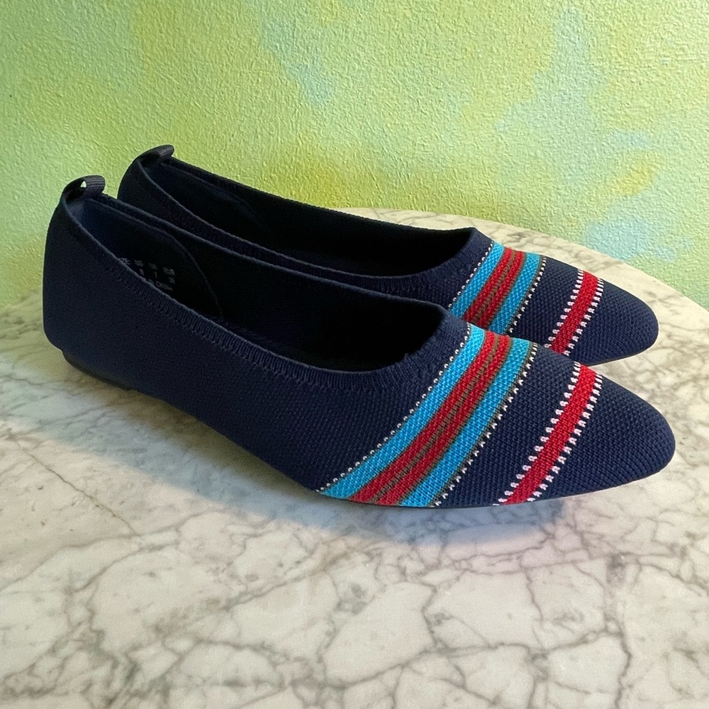 Chic Navy Flats with Multicolor Stripes - Picture 2 of 9